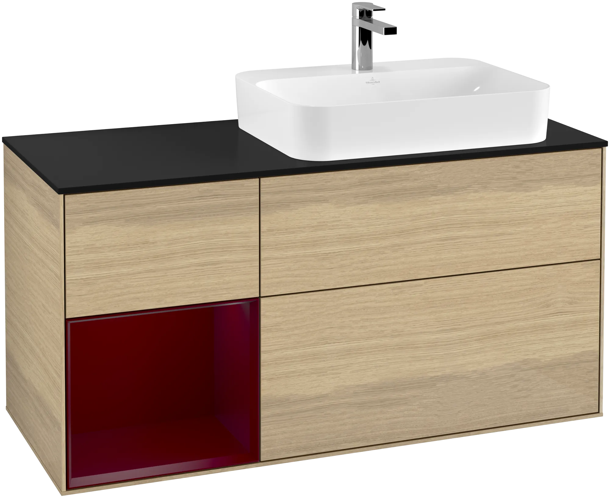 Bild von VILLEROY BOCH Finion Waschbeckenunterschrank, mit Beleuchtung, 3 Auszüge, 1200 x 603 x 501 mm, Oak Veneer / Peony Matt Lacquer / Glass Black Matt #G392HBPC