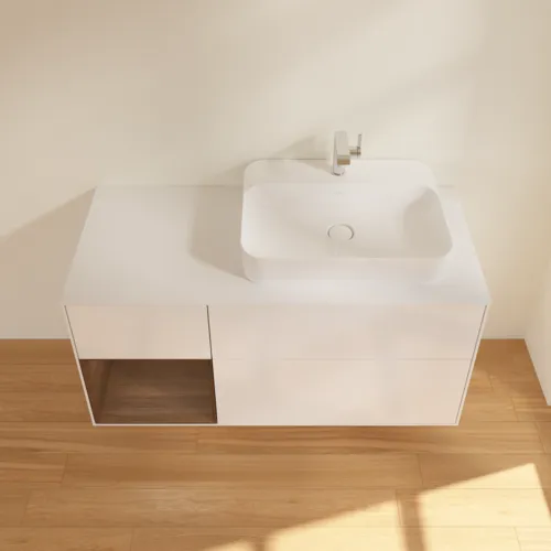 Bild von VILLEROY BOCH Finion Waschbeckenunterschrank, mit Beleuchtung, 3 Auszüge, 1200 x 603 x 501 mm, Glossy White Lacquer / Walnut Veneer / Glass White Matt #G391GNGF