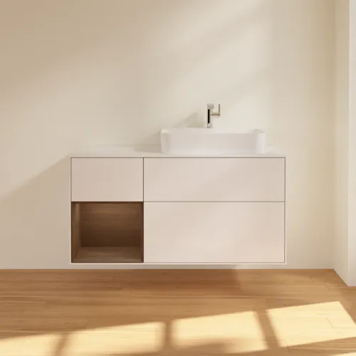 Bild von VILLEROY BOCH Finion Waschbeckenunterschrank, mit Beleuchtung, 3 Auszüge, 1200 x 603 x 501 mm, Glossy White Lacquer / Walnut Veneer / Glass White Matt #G391GNGF