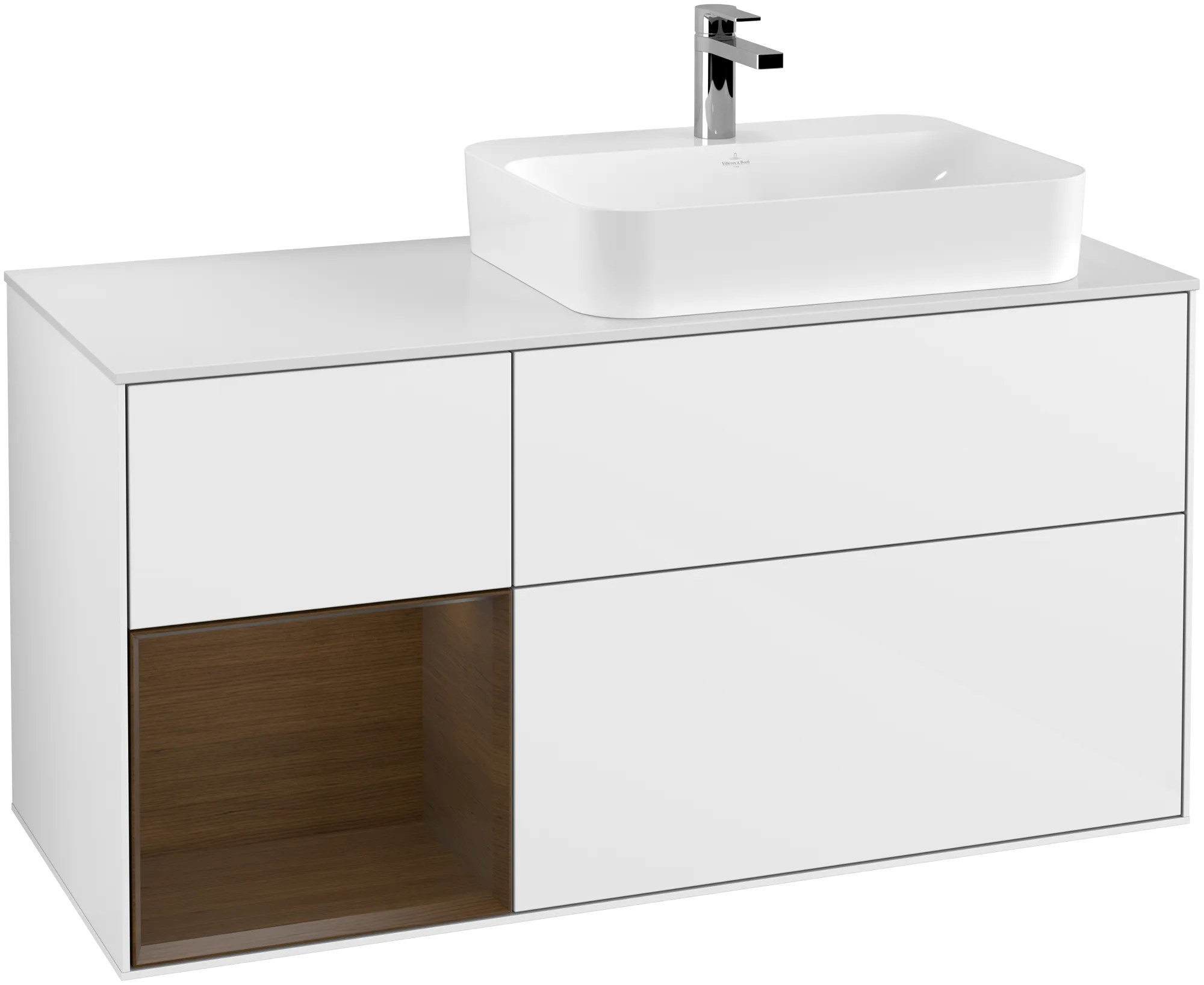 Bild von VILLEROY BOCH Finion Waschbeckenunterschrank, mit Beleuchtung, 3 Auszüge, 1200 x 603 x 501 mm, Glossy White Lacquer / Walnut Veneer / Glass White Matt #G391GNGF