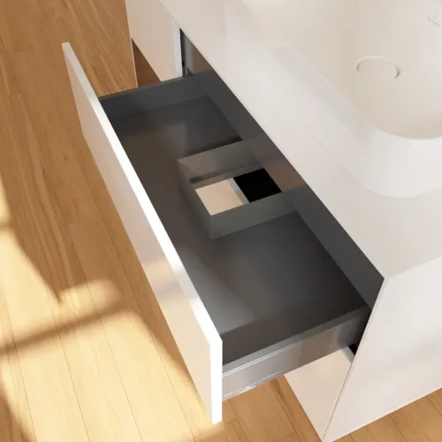 Bild von VILLEROY BOCH Finion Waschbeckenunterschrank, mit Beleuchtung, 3 Auszüge, 1200 x 603 x 501 mm, Glossy White Lacquer / Walnut Veneer / Glass White Matt #G391GNGF