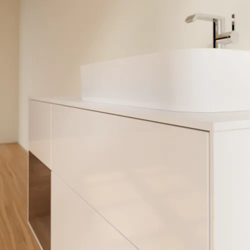 Bild von VILLEROY BOCH Finion Waschbeckenunterschrank, mit Beleuchtung, 3 Auszüge, 1200 x 603 x 501 mm, Glossy White Lacquer / Walnut Veneer / Glass White Matt #G391GNGF