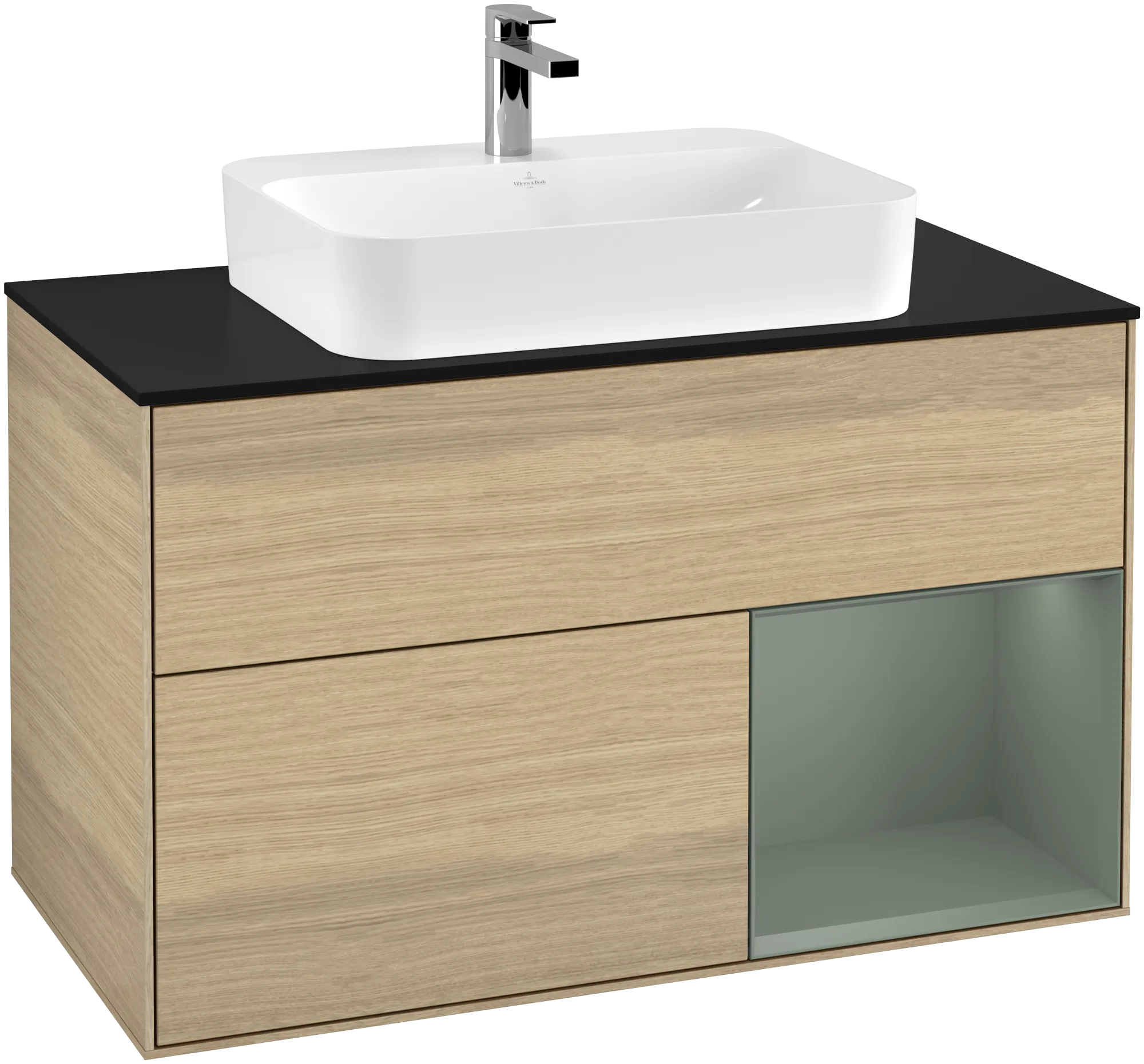 Bild von VILLEROY BOCH Finion Waschbeckenunterschrank, mit Beleuchtung, 2 Auszüge, 1000 x 603 x 501 mm, Oak Veneer / Olive Matt Lacquer / Glass Black Matt #G372GMPC