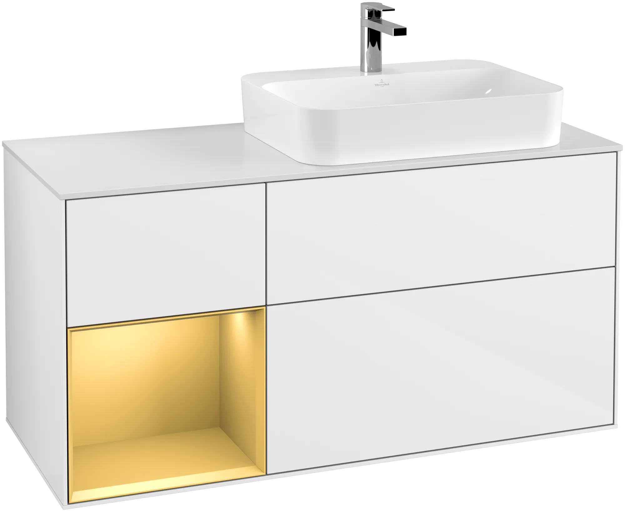 Bild von VILLEROY BOCH Finion Waschbeckenunterschrank, mit Beleuchtung, 3 Auszüge, 1200 x 603 x 501 mm, Glossy White Lacquer / Gold Matt Lacquer / Glass White Matt #G391HFGF