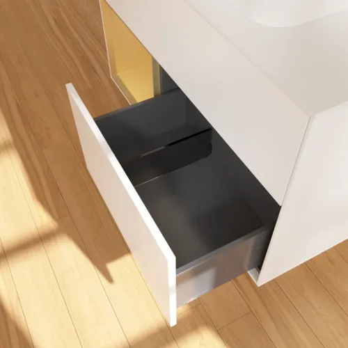 Bild von VILLEROY BOCH Finion Waschbeckenunterschrank, mit Beleuchtung, 2 Auszüge, 1000 x 603 x 501 mm, White Matt Lacquer / Gold Matt Lacquer / Glass White Matt #G361HFMT