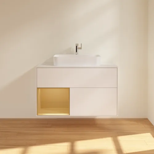 Bild von VILLEROY BOCH Finion Waschbeckenunterschrank, mit Beleuchtung, 2 Auszüge, 1000 x 603 x 501 mm, White Matt Lacquer / Gold Matt Lacquer / Glass White Matt #G361HFMT