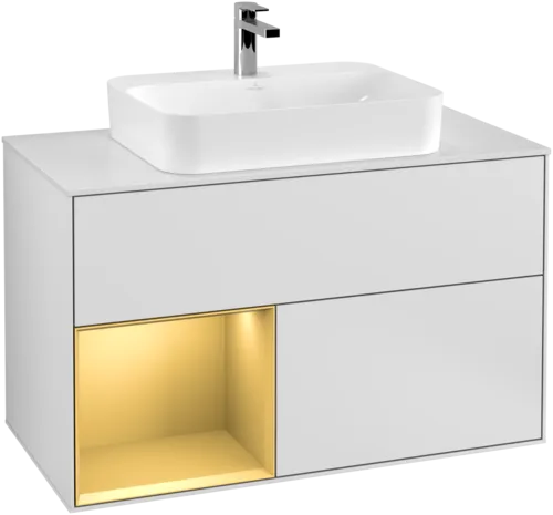 Bild von VILLEROY BOCH Finion Waschbeckenunterschrank, mit Beleuchtung, 2 Auszüge, 1000 x 603 x 501 mm, White Matt Lacquer / Gold Matt Lacquer / Glass White Matt #G361HFMT