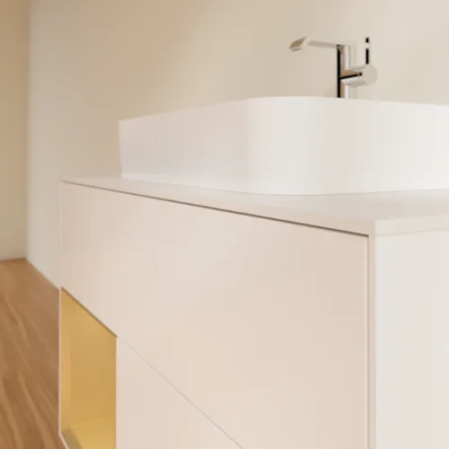 Bild von VILLEROY BOCH Finion Waschbeckenunterschrank, mit Beleuchtung, 2 Auszüge, 1000 x 603 x 501 mm, White Matt Lacquer / Gold Matt Lacquer / Glass White Matt #G361HFMT
