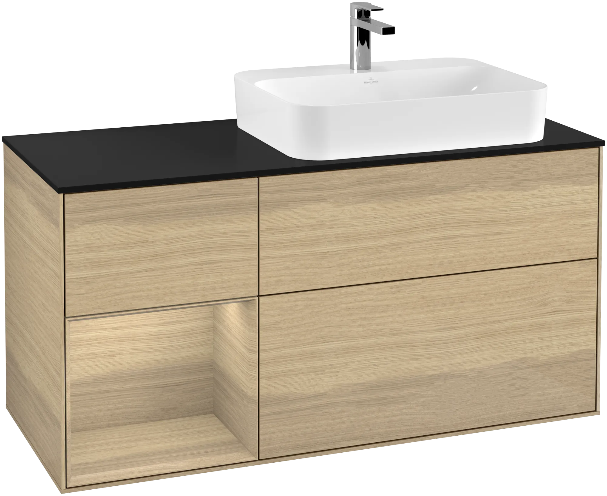 Bild von VILLEROY BOCH Finion Waschbeckenunterschrank, mit Beleuchtung, 3 Auszüge, 1200 x 603 x 501 mm, Oak Veneer / Oak Veneer / Glass Black Matt #G392PCPC