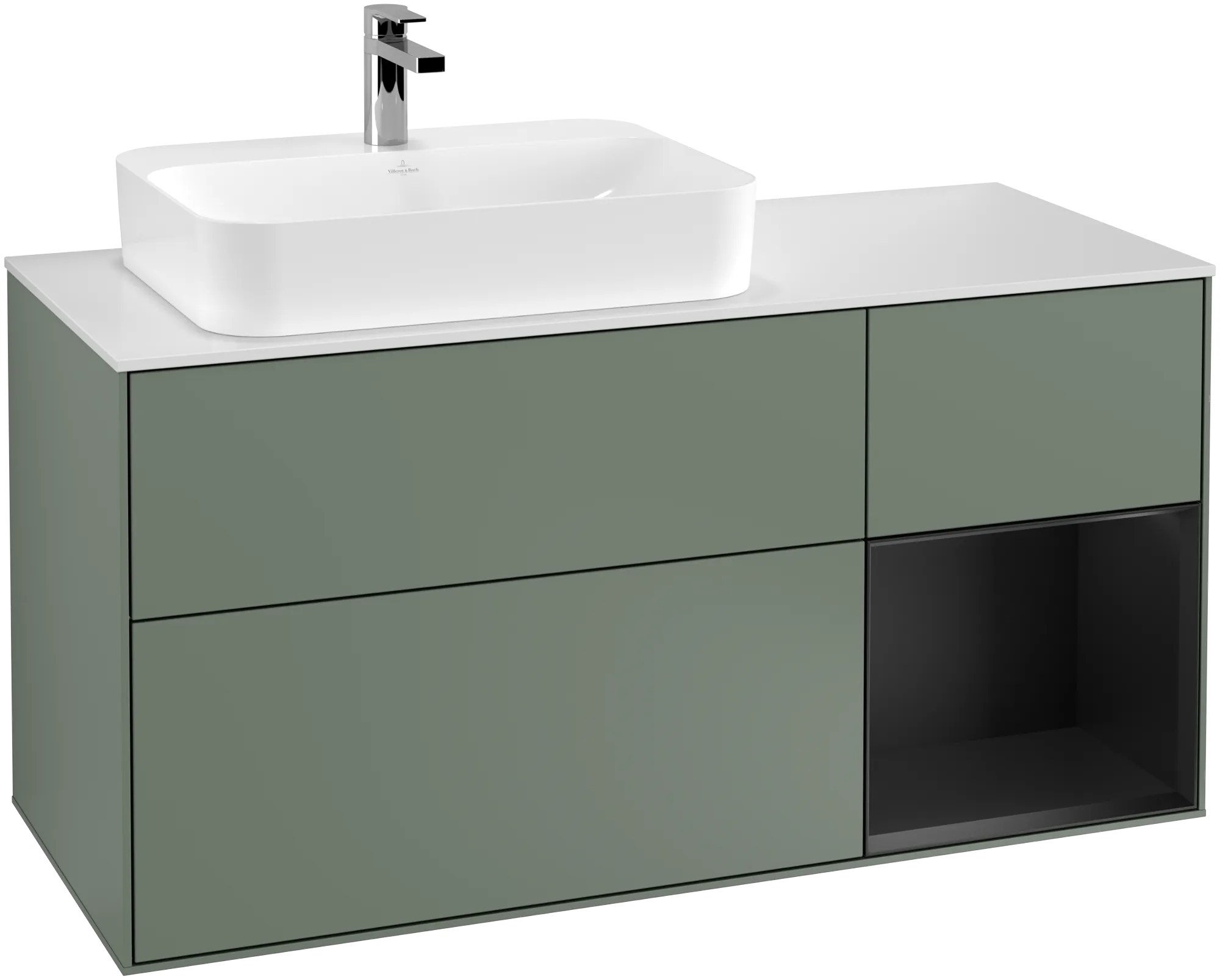 Bild von VILLEROY BOCH Finion Waschbeckenunterschrank, mit Beleuchtung, 3 Auszüge, 1200 x 603 x 501 mm, Olive Matt Lacquer / Black Matt Lacquer / Glass White Matt #G401PDGM