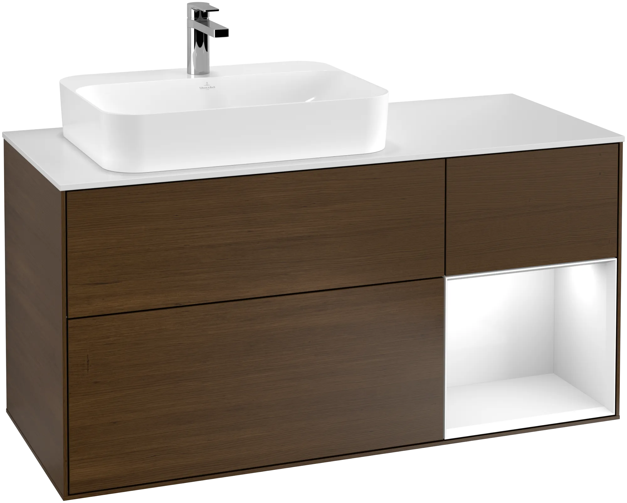 Bild von VILLEROY BOCH Finion Waschbeckenunterschrank, mit Beleuchtung, 3 Auszüge, 1200 x 603 x 501 mm, Walnut Veneer / Glossy White Lacquer / Glass White Matt #G401GFGN