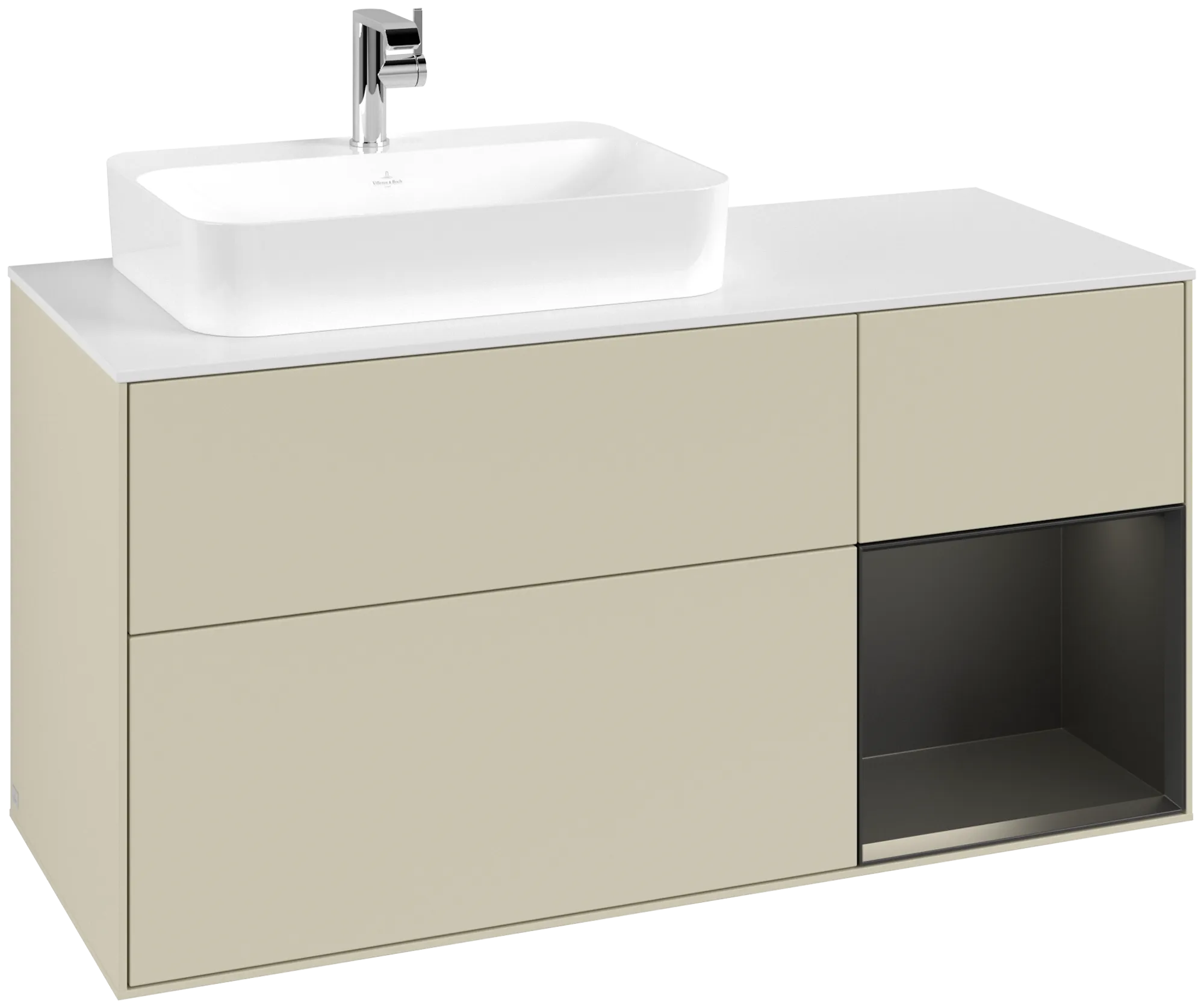 Obrázek VILLEROY BOCH Finion Vanity unit, with lighting, 3 pull-out compartments, 1200 x 603 x 501 mm, Silk Grey Matt Lacquer / Black Matt Lacquer / Glass White Matt #G401PDHJ