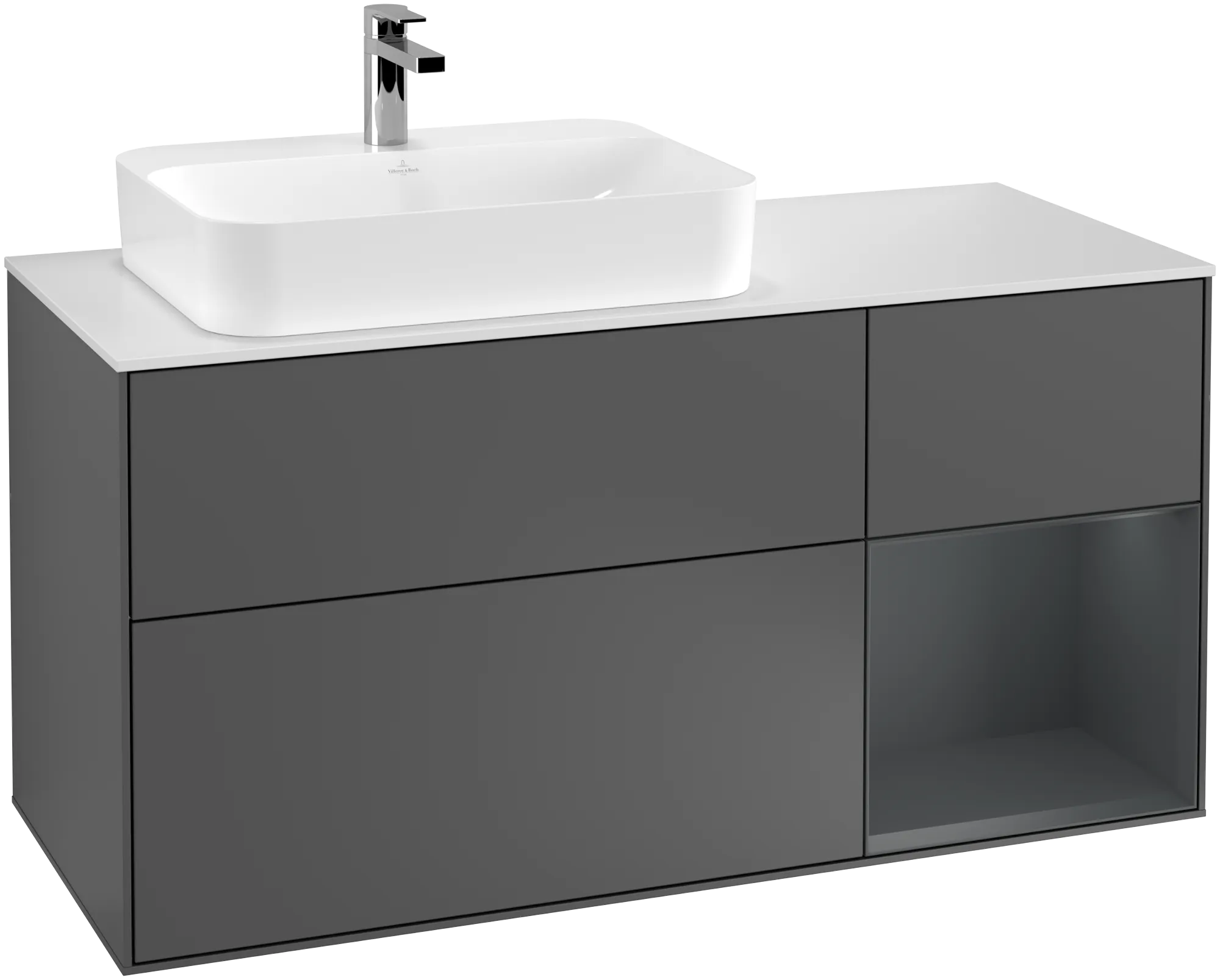 Bild von VILLEROY BOCH Finion Waschbeckenunterschrank, mit Beleuchtung, 3 Auszüge, 1200 x 603 x 501 mm, Anthracite Matt Lacquer / Midnight Blue Matt Lacquer / Glass White Matt #G401HGGK