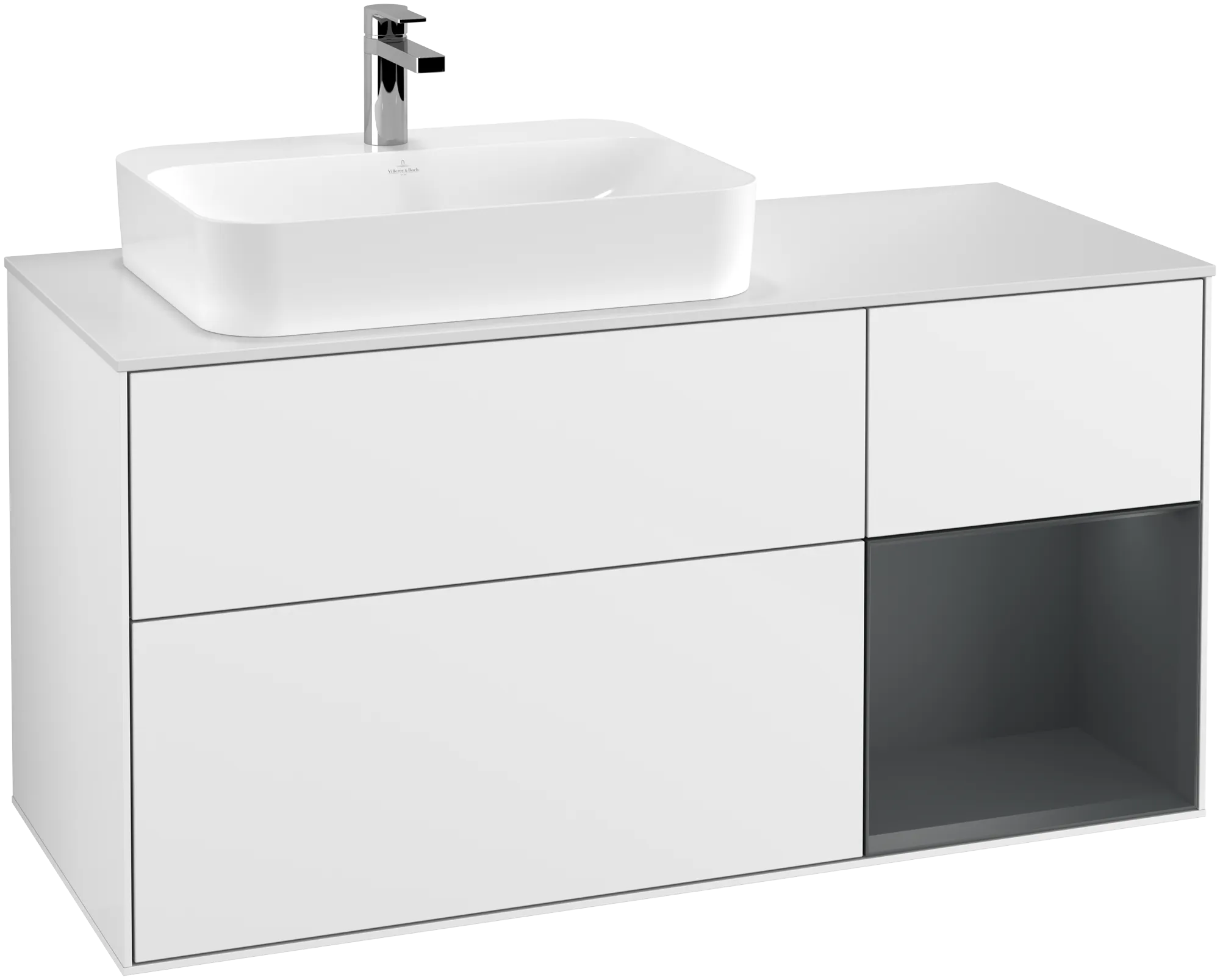 Bild von VILLEROY BOCH Finion Waschbeckenunterschrank, mit Beleuchtung, 3 Auszüge, 1200 x 603 x 501 mm, Glossy White Lacquer / Midnight Blue Matt Lacquer / Glass White Matt #G401HGGF