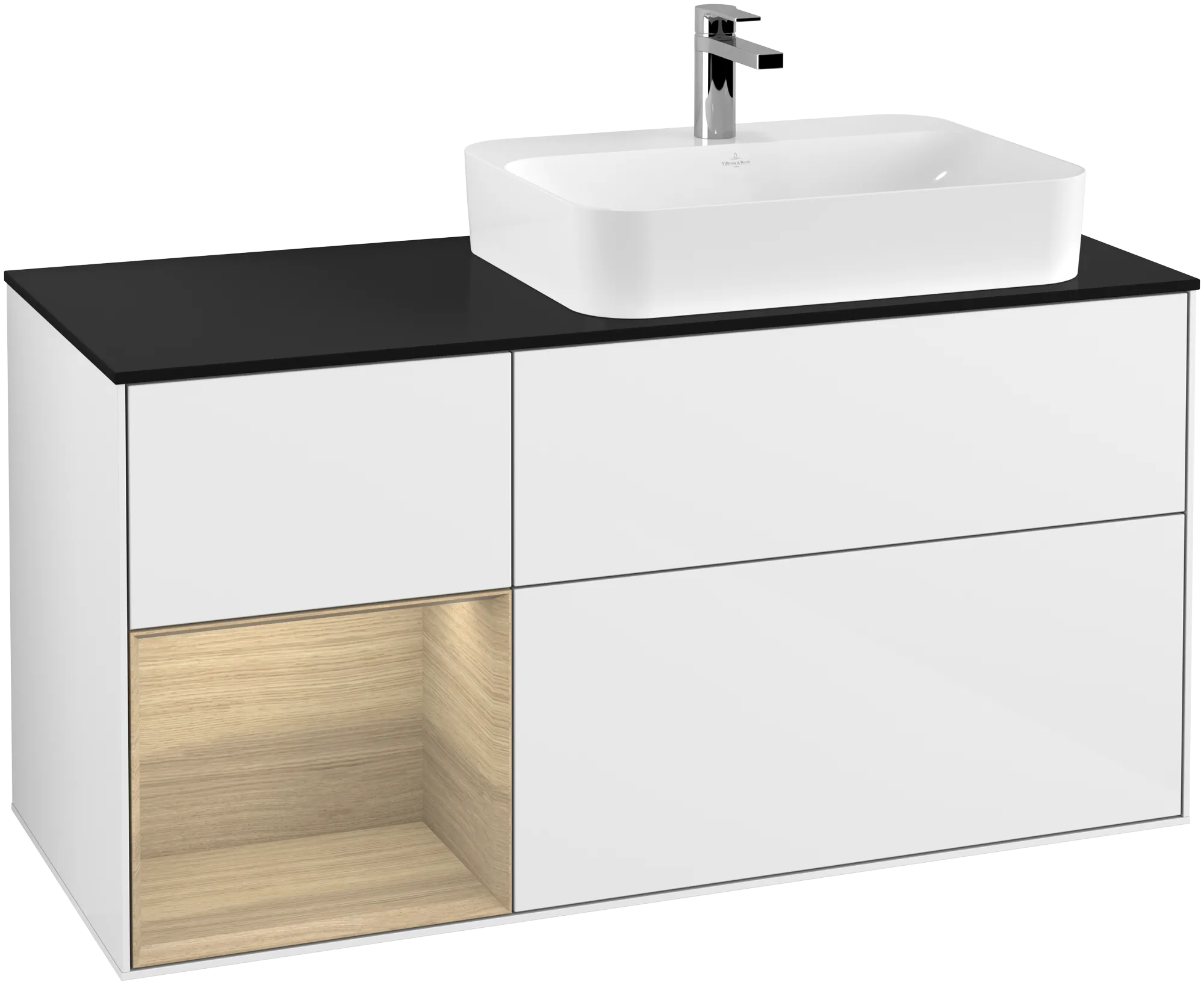 Bild von VILLEROY BOCH Finion Waschbeckenunterschrank, mit Beleuchtung, 3 Auszüge, 1200 x 603 x 501 mm, Glossy White Lacquer / Oak Veneer / Glass Black Matt #G392PCGF