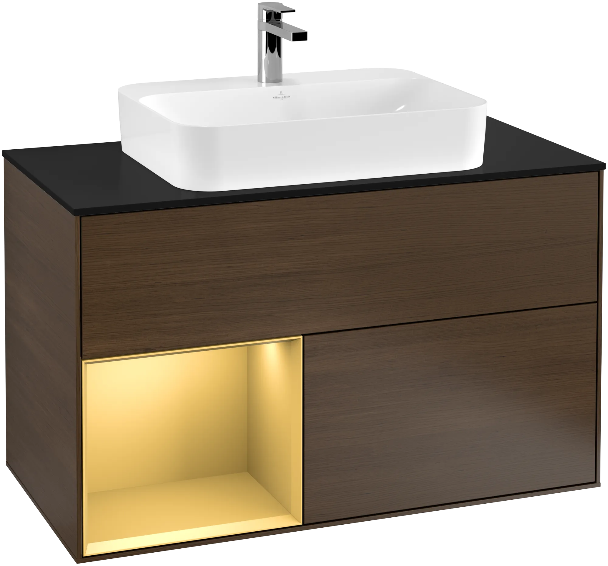 Bild von VILLEROY BOCH Finion Waschbeckenunterschrank, mit Beleuchtung, 2 Auszüge, 1000 x 603 x 501 mm, Walnut Veneer / Gold Matt Lacquer / Glass Black Matt #G362HFGN