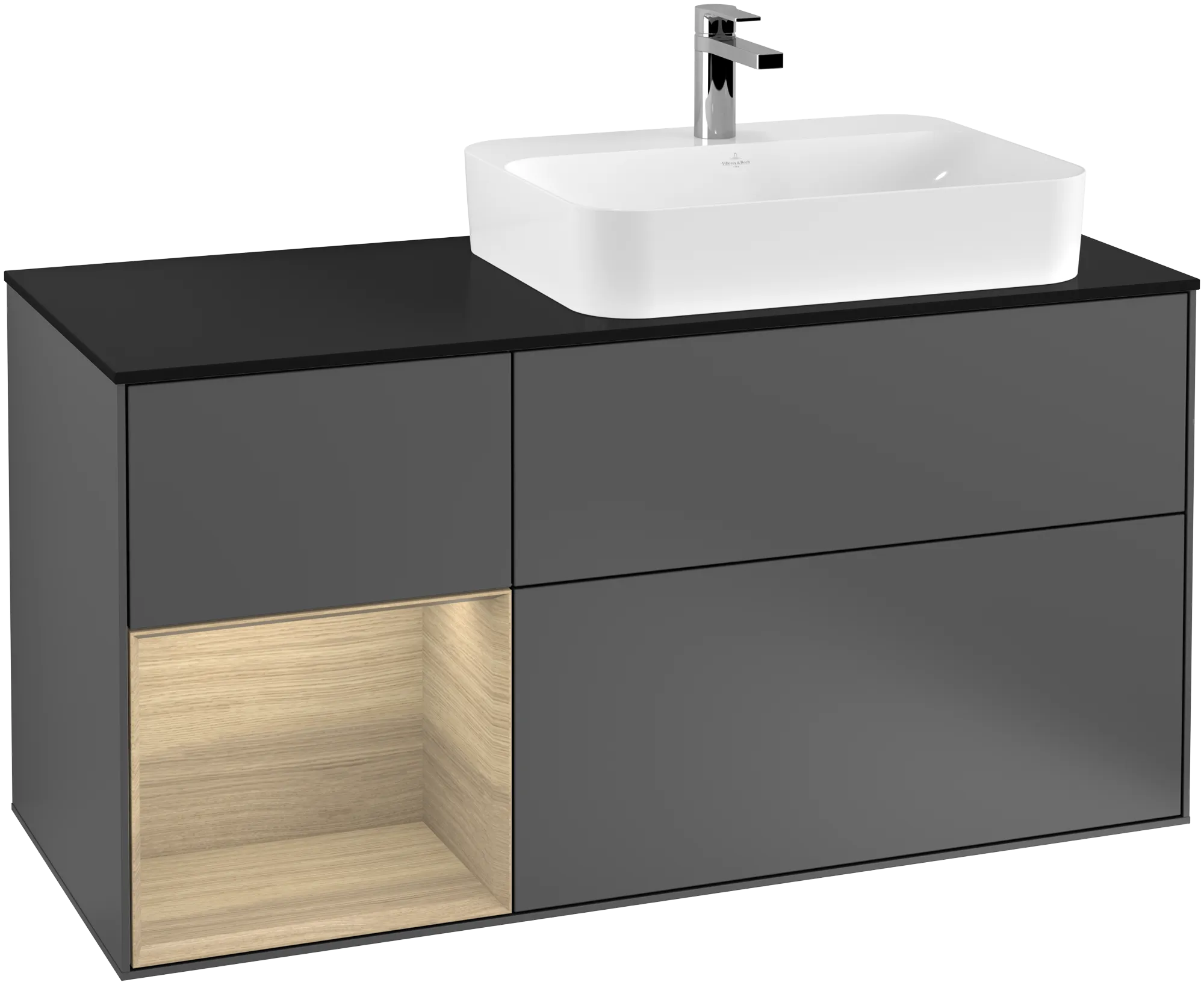 Obrázek VILLEROY BOCH Finion Vanity unit, with lighting, 3 pull-out compartments, 1200 x 603 x 501 mm, Anthracite Matt Lacquer / Oak Veneer / Glass Black Matt #G392PCGK