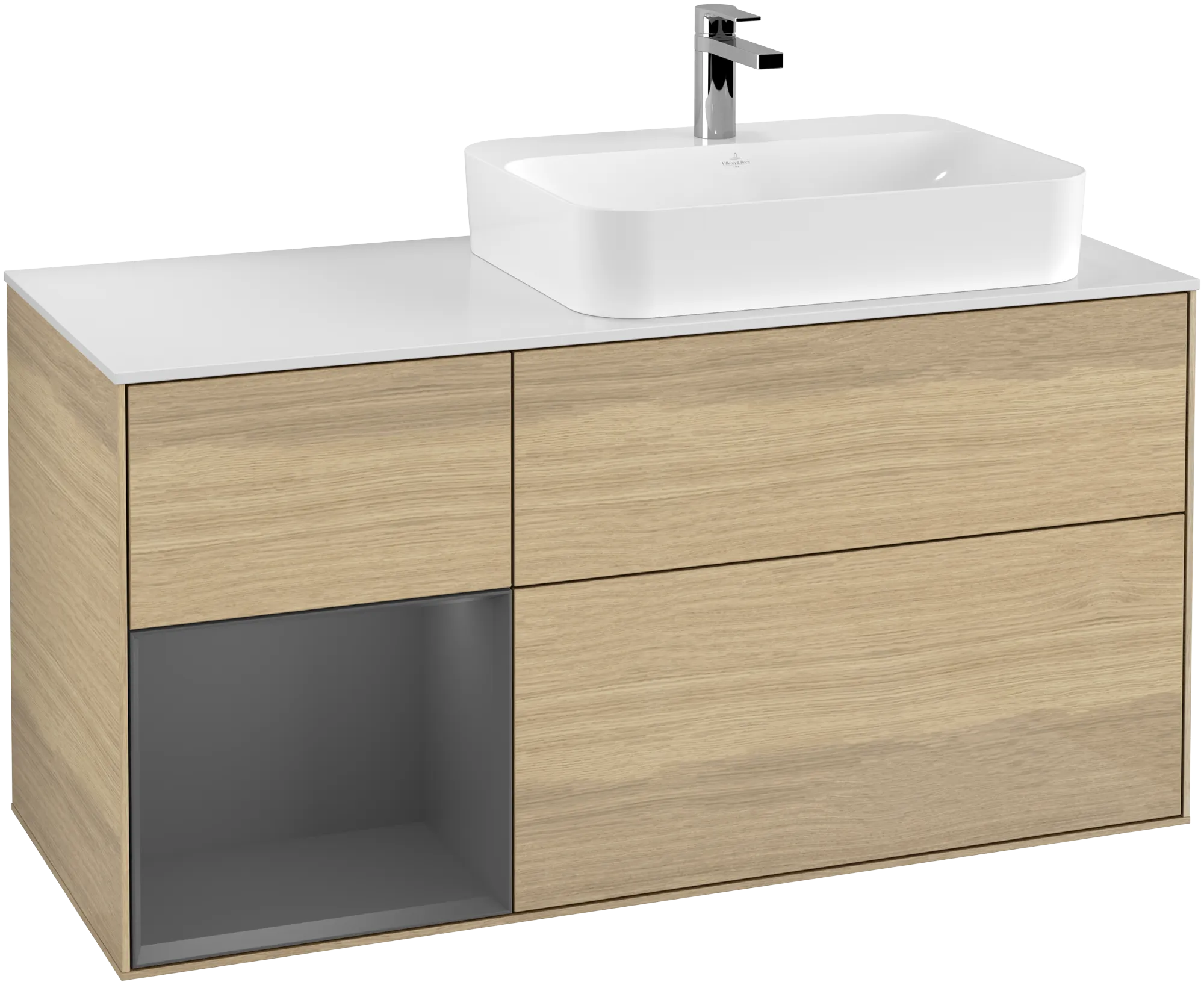 Bild von VILLEROY BOCH Finion Waschbeckenunterschrank, mit Beleuchtung, 3 Auszüge, 1200 x 603 x 501 mm, Oak Veneer / Anthracite Matt Lacquer / Glass White Matt #G391GKPC