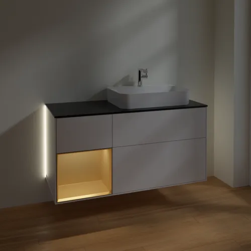 Bild von VILLEROY BOCH Finion Waschbeckenunterschrank, mit Beleuchtung, 3 Auszüge, 1200 x 603 x 501 mm, Glossy White Lacquer / Gold Matt Lacquer / Glass Black Matt #G392HFGF