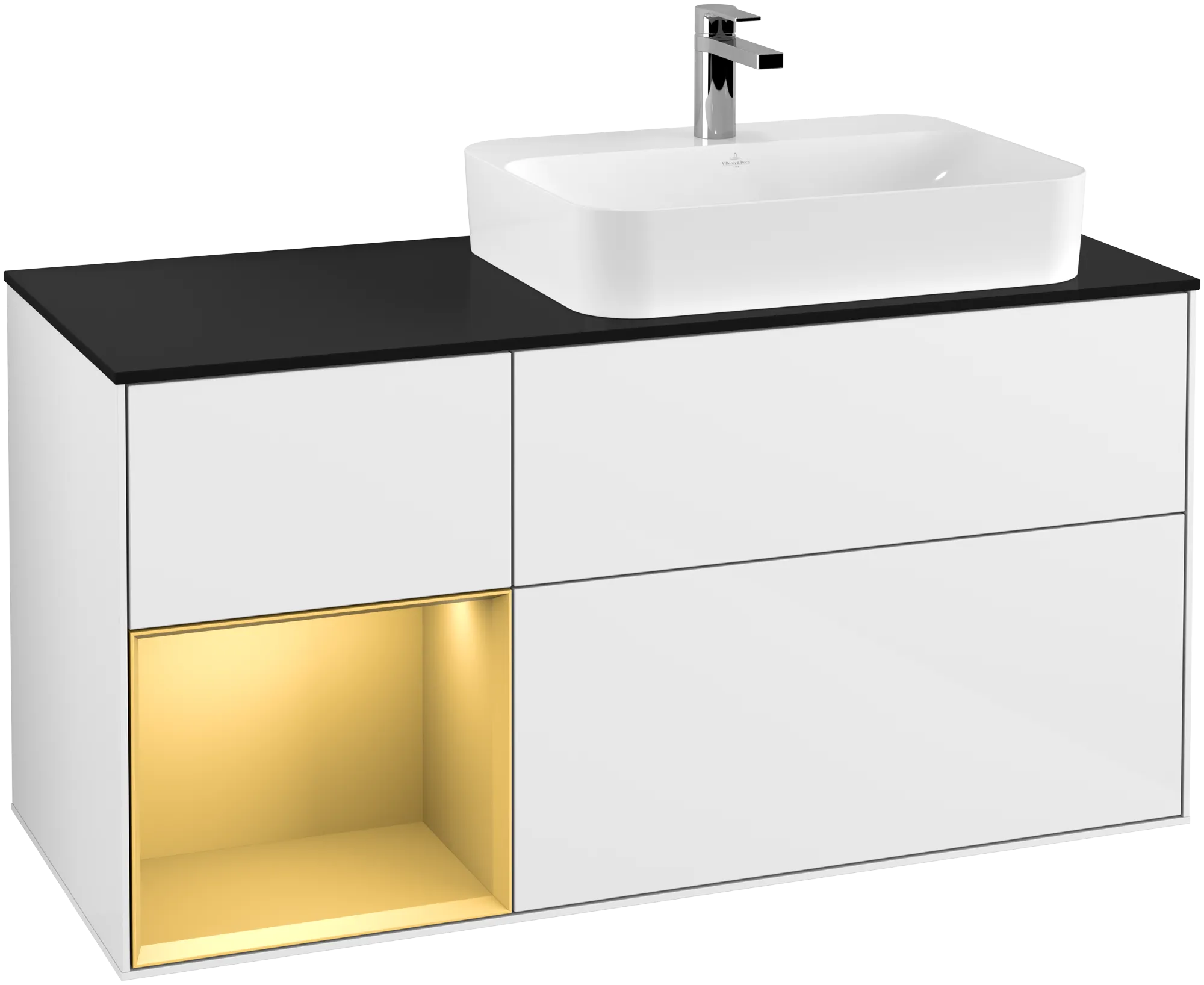 Bild von VILLEROY BOCH Finion Waschbeckenunterschrank, mit Beleuchtung, 3 Auszüge, 1200 x 603 x 501 mm, Glossy White Lacquer / Gold Matt Lacquer / Glass Black Matt #G392HFGF