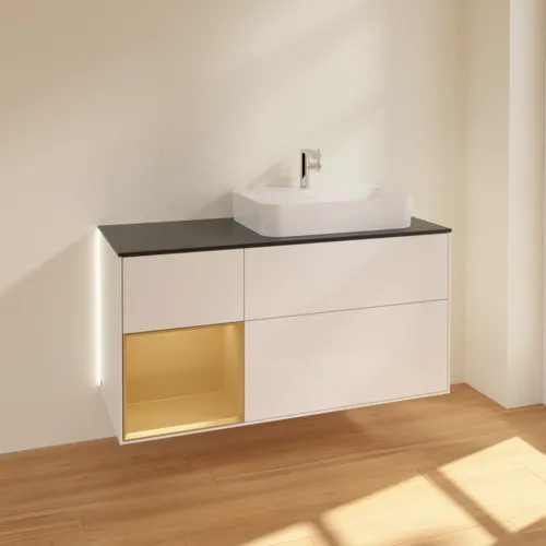 Bild von VILLEROY BOCH Finion Waschbeckenunterschrank, mit Beleuchtung, 3 Auszüge, 1200 x 603 x 501 mm, Glossy White Lacquer / Gold Matt Lacquer / Glass Black Matt #G392HFGF