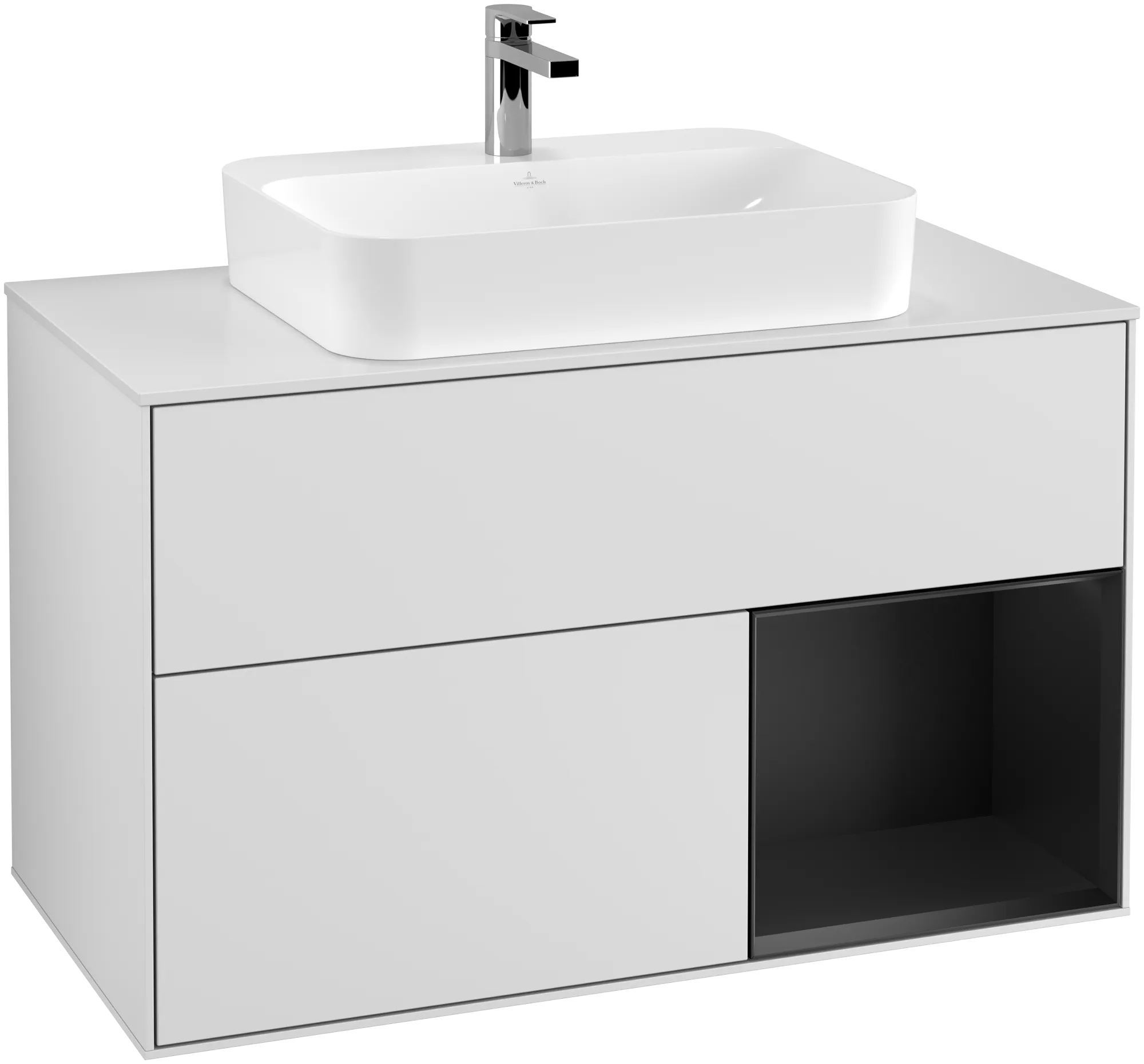 Bild von VILLEROY BOCH Finion Waschbeckenunterschrank, mit Beleuchtung, 2 Auszüge, 1000 x 603 x 501 mm, White Matt Lacquer / Black Matt Lacquer / Glass White Matt #G371PDMT