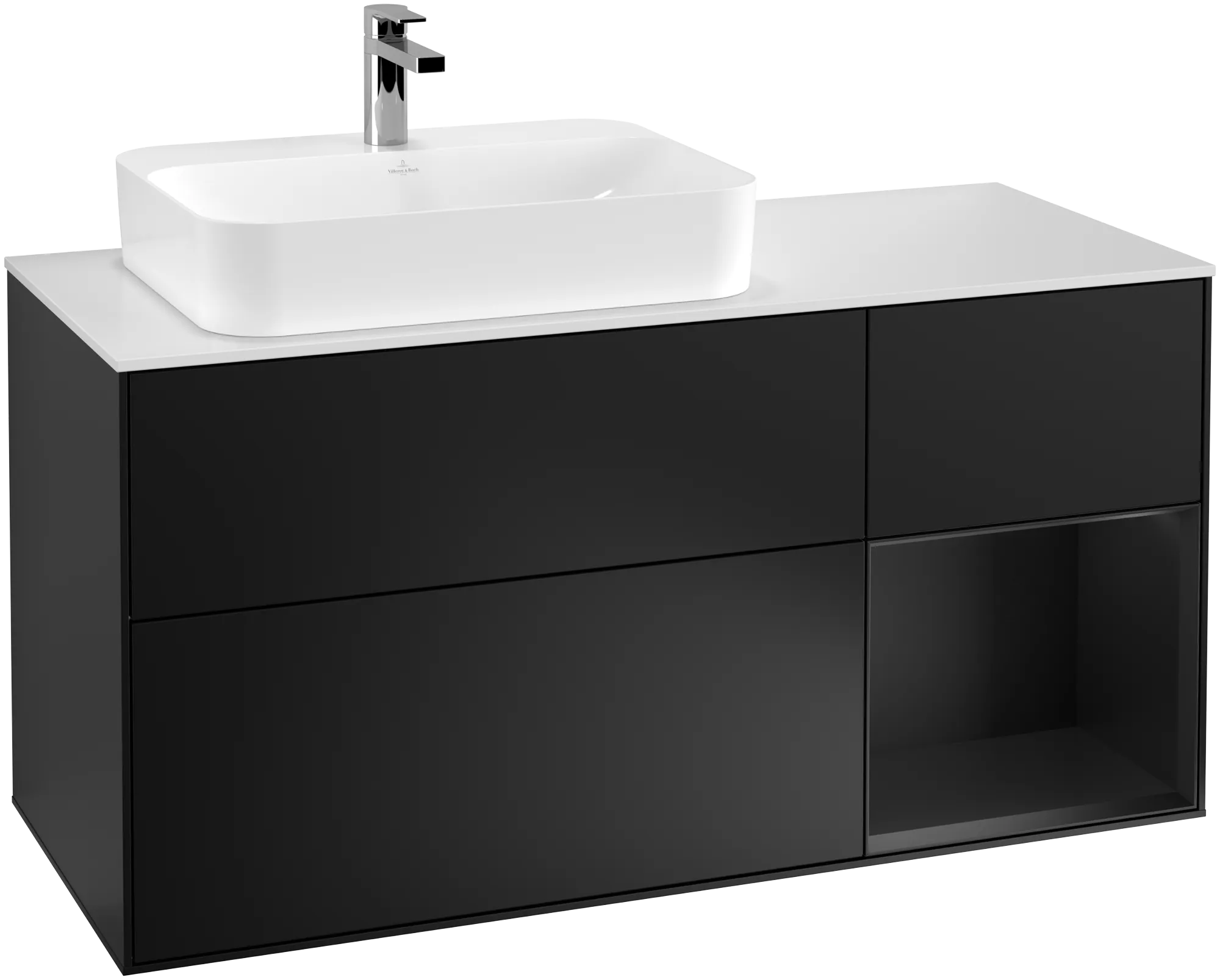 Bild von VILLEROY BOCH Finion Waschbeckenunterschrank, mit Beleuchtung, 3 Auszüge, 1200 x 603 x 501 mm, Black Matt Lacquer / Black Matt Lacquer / Glass White Matt #G401PDPD