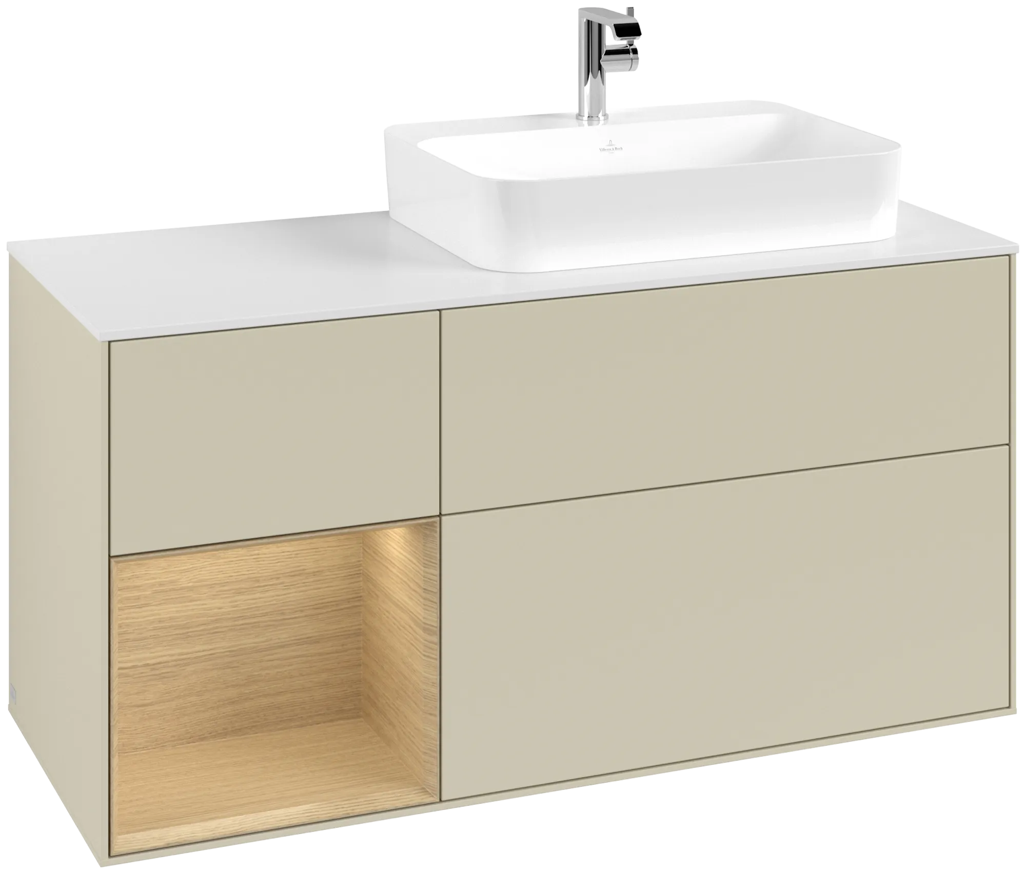 Bild von VILLEROY BOCH Finion Waschbeckenunterschrank, mit Beleuchtung, 3 Auszüge, 1200 x 603 x 501 mm, Silk Grey Matt Lacquer / Oak Veneer / Glass White Matt #G391PCHJ
