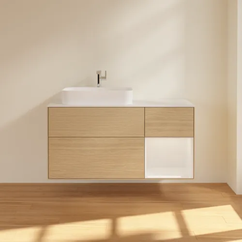 Bild von VILLEROY BOCH Finion Waschbeckenunterschrank, mit Beleuchtung, 3 Auszüge, 1200 x 603 x 501 mm, Oak Veneer / Glossy White Lacquer / Glass White Matt #G401GFPC