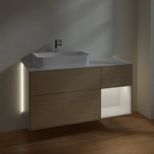Bild von VILLEROY BOCH Finion Waschbeckenunterschrank, mit Beleuchtung, 3 Auszüge, 1200 x 603 x 501 mm, Oak Veneer / Glossy White Lacquer / Glass White Matt #G401GFPC