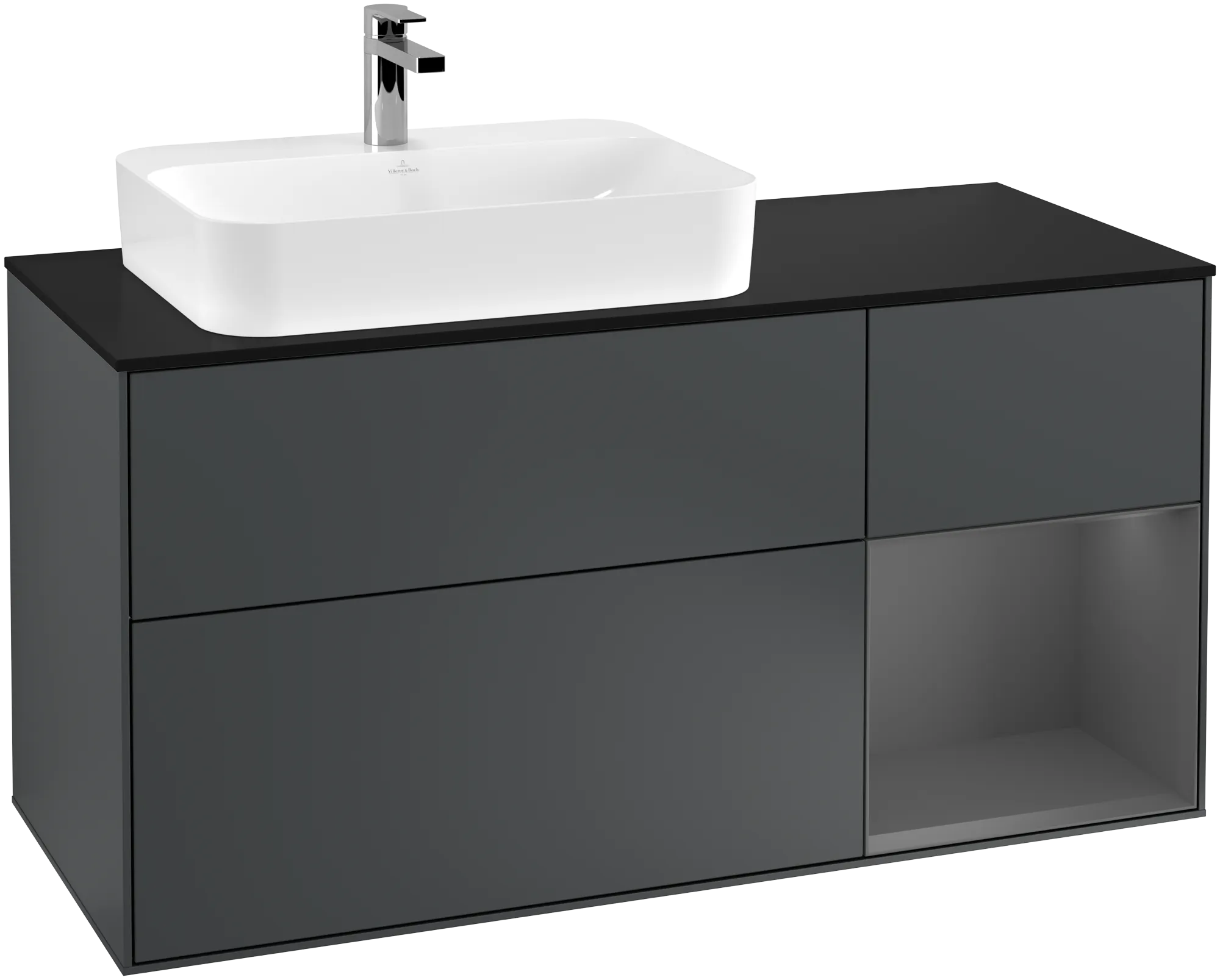 Bild von VILLEROY BOCH Finion Waschbeckenunterschrank, mit Beleuchtung, 3 Auszüge, 1200 x 603 x 501 mm, Midnight Blue Matt Lacquer / Anthracite Matt Lacquer / Glass Black Matt #G402GKHG