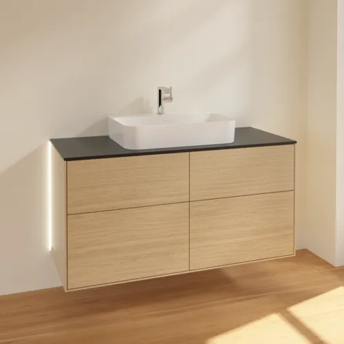 Picture of VILLEROY BOCH Finion Vanity unit, with lighting, 4 pull-out compartments, 1200 x 603 x 501 mm, Oak Veneer / Glass Black Matt #G38200PC