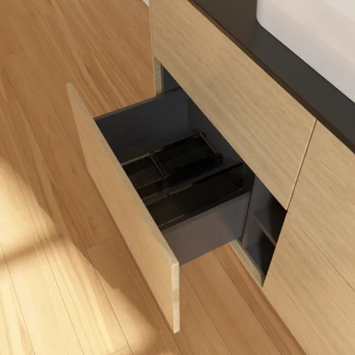 Picture of VILLEROY BOCH Finion Vanity unit, with lighting, 4 pull-out compartments, 1200 x 603 x 501 mm, Oak Veneer / Glass Black Matt #G38200PC