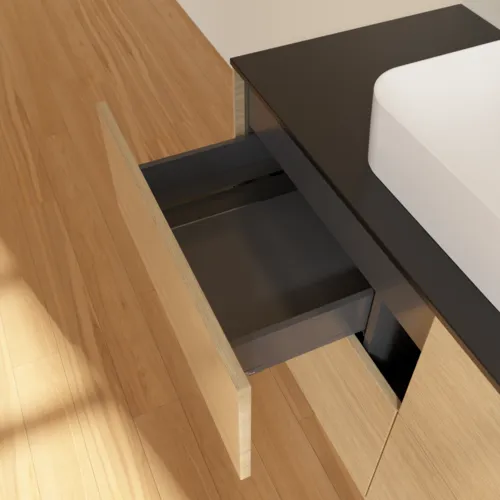 Picture of VILLEROY BOCH Finion Vanity unit, with lighting, 4 pull-out compartments, 1200 x 603 x 501 mm, Oak Veneer / Glass Black Matt #G38200PC
