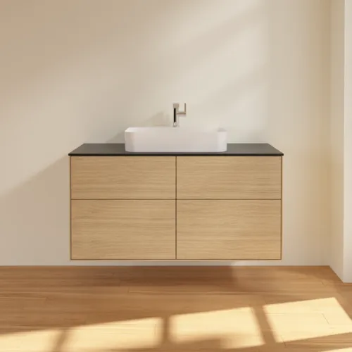 Picture of VILLEROY BOCH Finion Vanity unit, with lighting, 4 pull-out compartments, 1200 x 603 x 501 mm, Oak Veneer / Glass Black Matt #G38200PC
