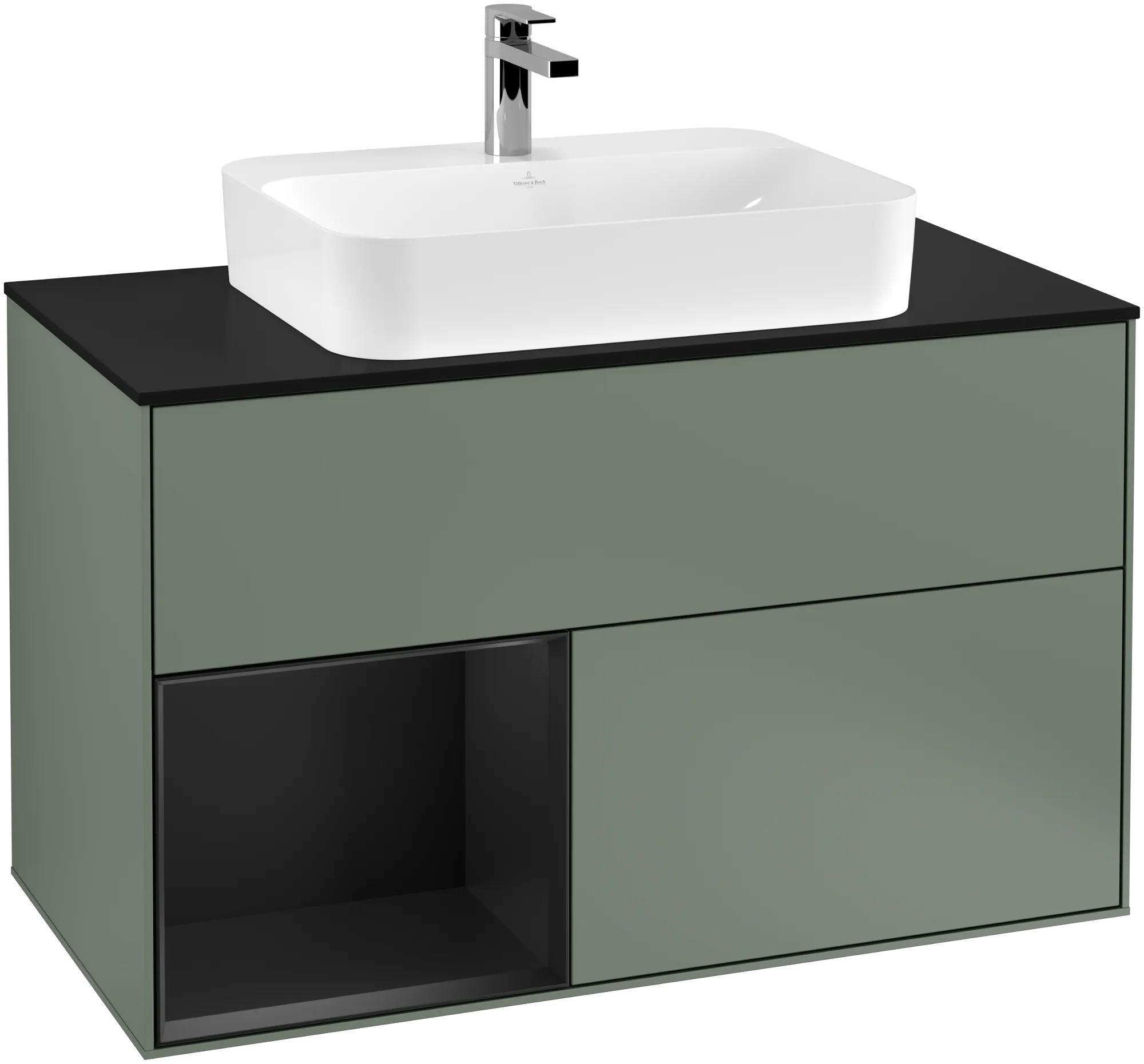 Bild von VILLEROY BOCH Finion Waschbeckenunterschrank, mit Beleuchtung, 2 Auszüge, 1000 x 603 x 501 mm, Olive Matt Lacquer / Black Matt Lacquer / Glass Black Matt #G362PDGM