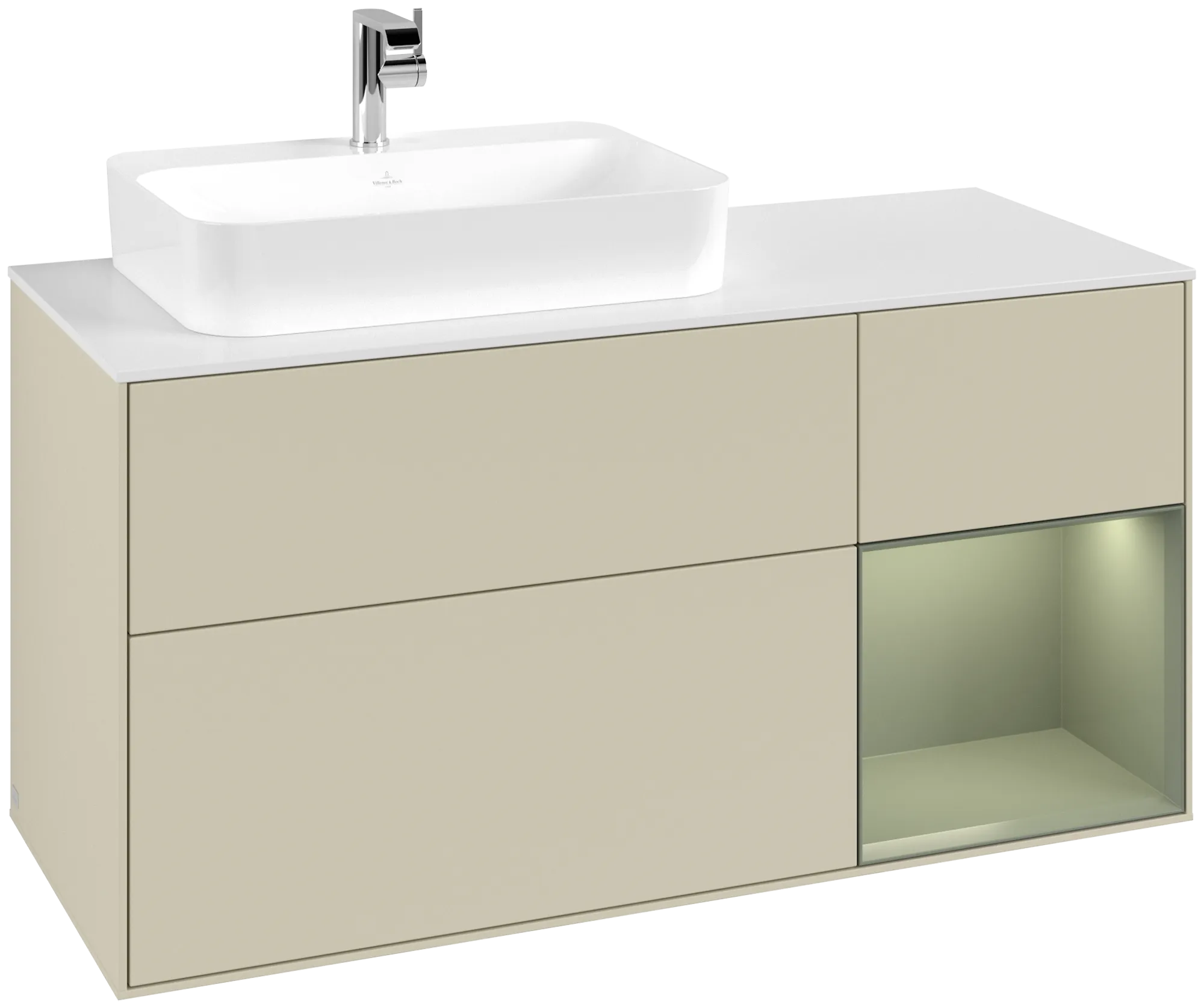 Bild von VILLEROY BOCH Finion Waschbeckenunterschrank, mit Beleuchtung, 3 Auszüge, 1200 x 603 x 501 mm, Silk Grey Matt Lacquer / Olive Matt Lacquer / Glass White Matt #G401GMHJ