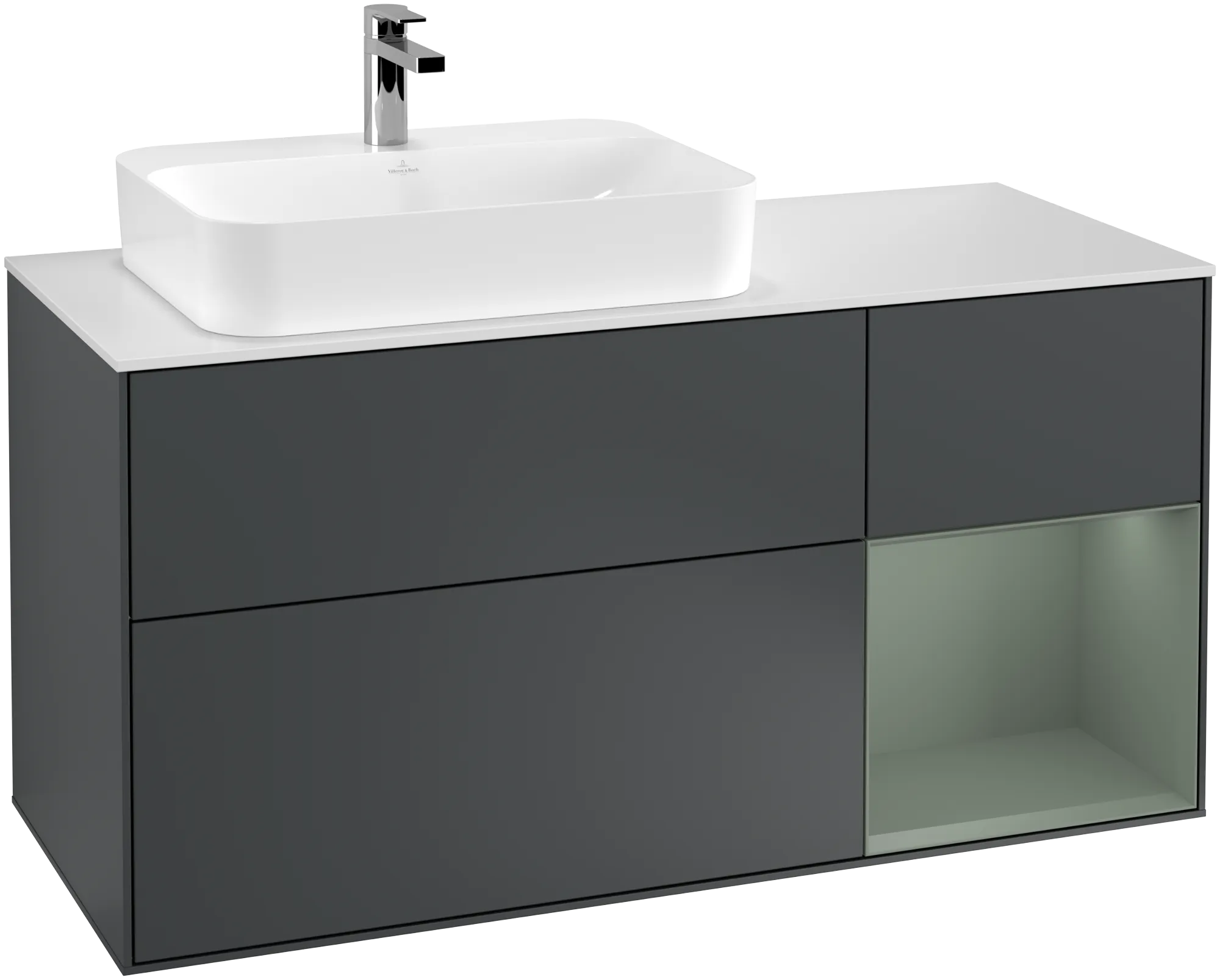 Bild von VILLEROY BOCH Finion Waschbeckenunterschrank, mit Beleuchtung, 3 Auszüge, 1200 x 603 x 501 mm, Midnight Blue Matt Lacquer / Olive Matt Lacquer / Glass White Matt #G401GMHG