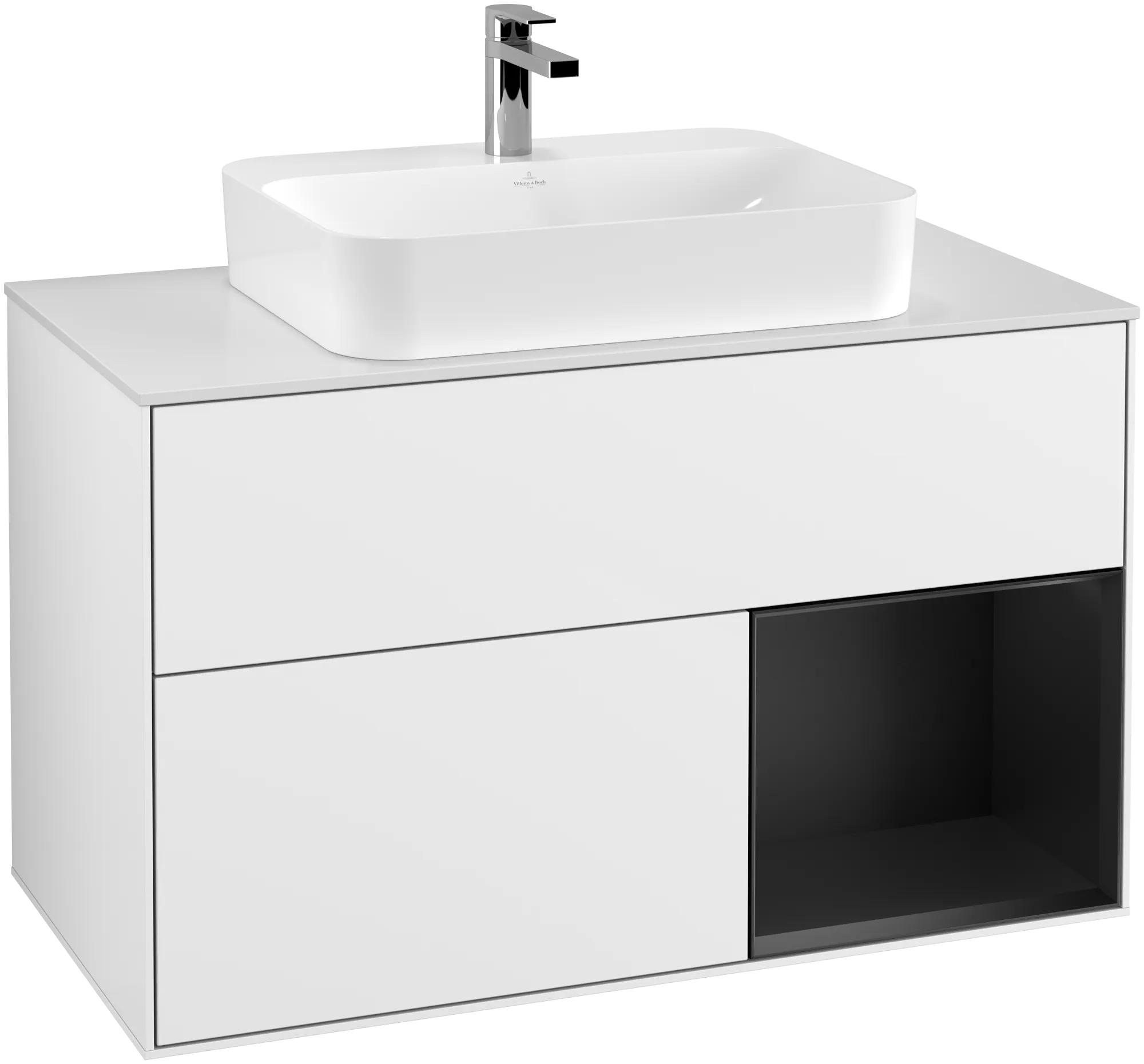 Bild von VILLEROY BOCH Finion Waschbeckenunterschrank, mit Beleuchtung, 2 Auszüge, 1000 x 603 x 501 mm, Glossy White Lacquer / Black Matt Lacquer / Glass White Matt #G371PDGF