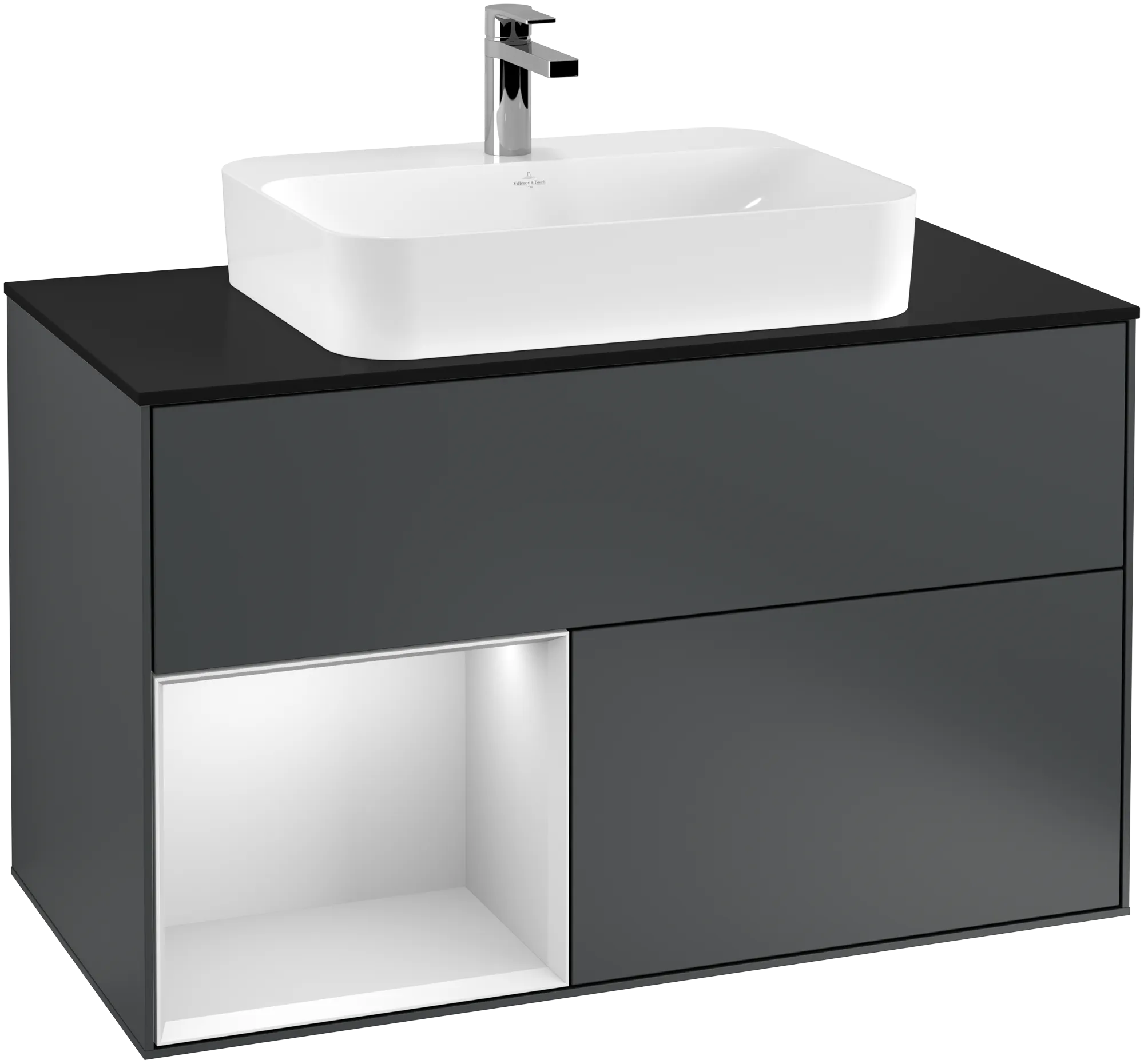 Bild von VILLEROY BOCH Finion Waschbeckenunterschrank, mit Beleuchtung, 2 Auszüge, 1000 x 603 x 501 mm, Midnight Blue Matt Lacquer / White Matt Lacquer / Glass Black Matt #G362MTHG