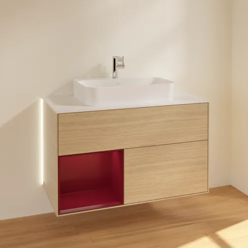 Bild von VILLEROY BOCH Finion Waschbeckenunterschrank, mit Beleuchtung, 2 Auszüge, 1000 x 603 x 501 mm, Oak Veneer / Peony Matt Lacquer / Glass White Matt #G361HBPC
