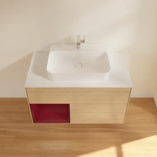 Bild von VILLEROY BOCH Finion Waschbeckenunterschrank, mit Beleuchtung, 2 Auszüge, 1000 x 603 x 501 mm, Oak Veneer / Peony Matt Lacquer / Glass White Matt #G361HBPC