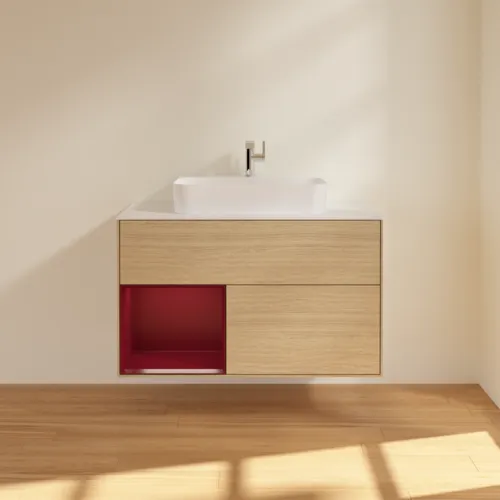 Bild von VILLEROY BOCH Finion Waschbeckenunterschrank, mit Beleuchtung, 2 Auszüge, 1000 x 603 x 501 mm, Oak Veneer / Peony Matt Lacquer / Glass White Matt #G361HBPC
