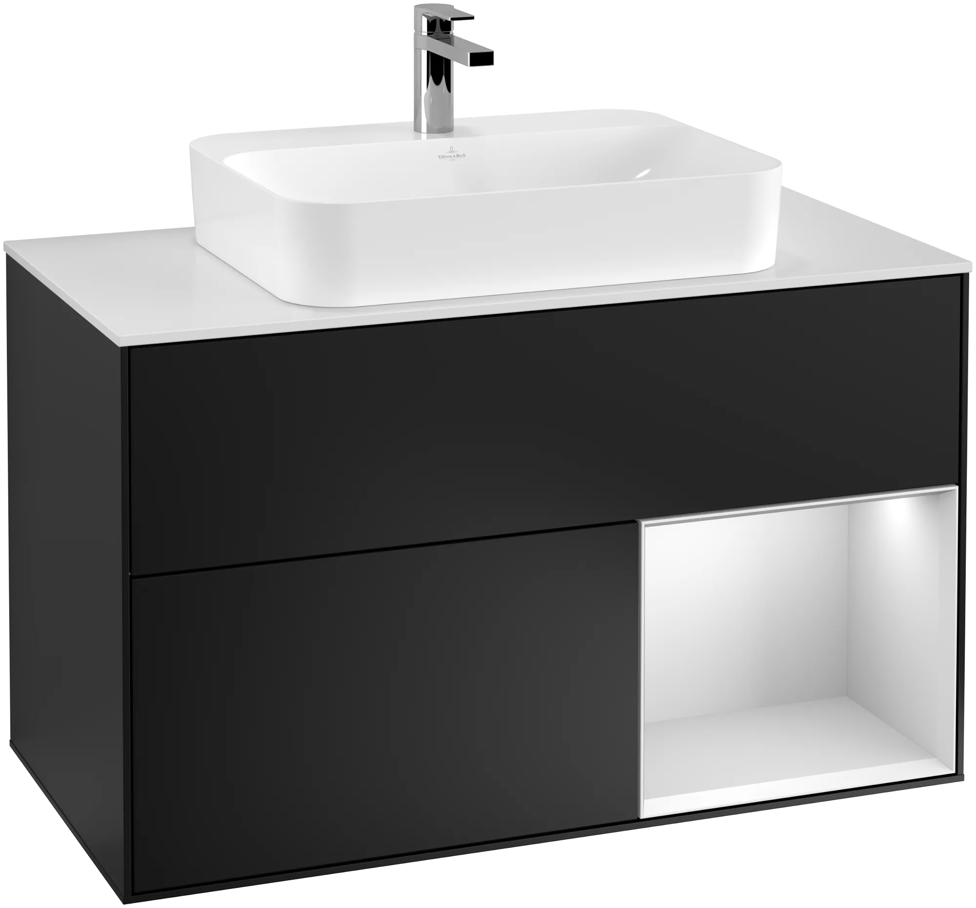 Obrázek VILLEROY BOCH Finion Vanity unit, with lighting, 2 pull-out compartments, 1000 x 603 x 501 mm, Black Matt Lacquer / White Matt Lacquer / Glass White Matt #G371MTPD