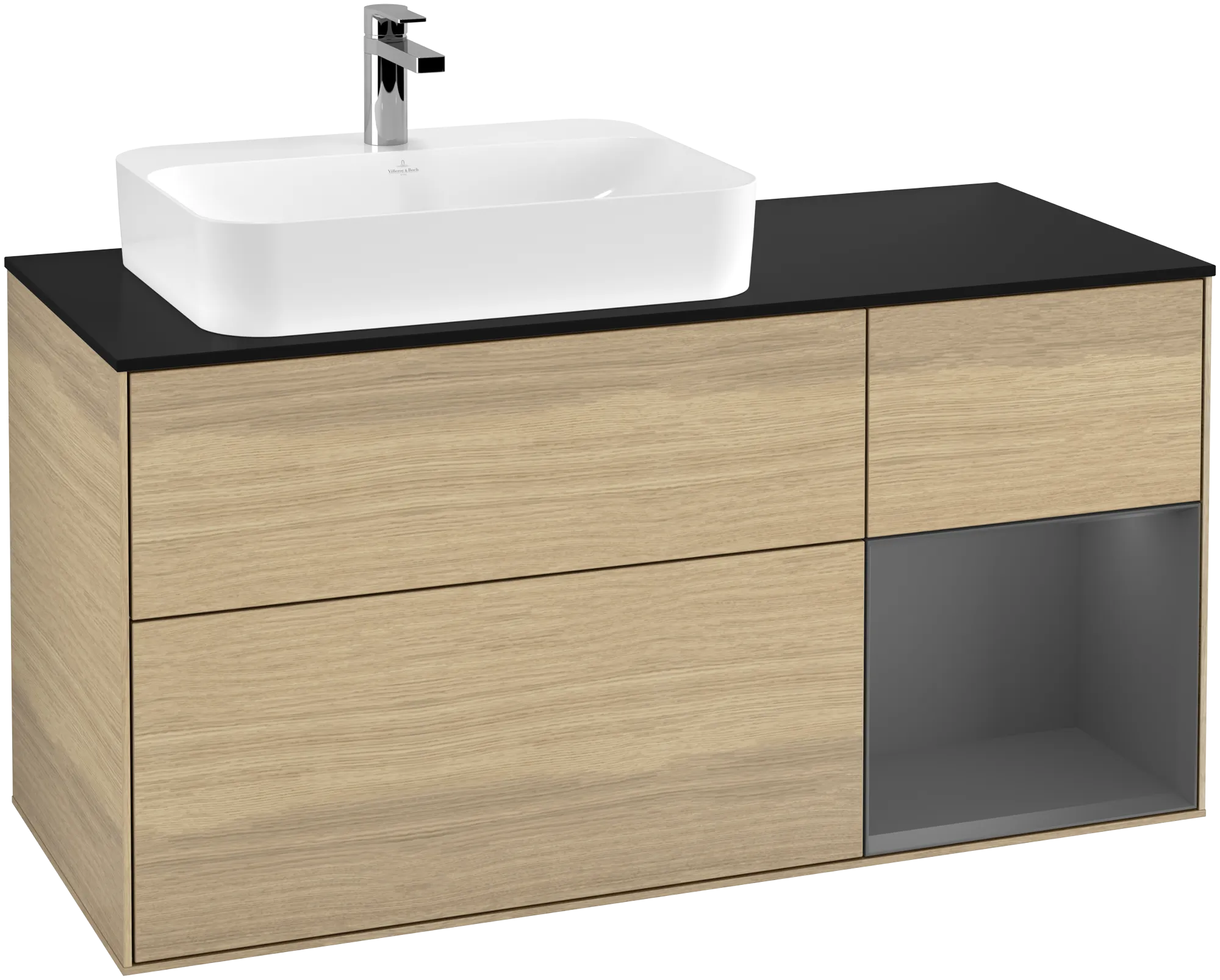 Bild von VILLEROY BOCH Finion Waschbeckenunterschrank, mit Beleuchtung, 3 Auszüge, 1200 x 603 x 501 mm, Oak Veneer / Anthracite Matt Lacquer / Glass Black Matt #G402GKPC