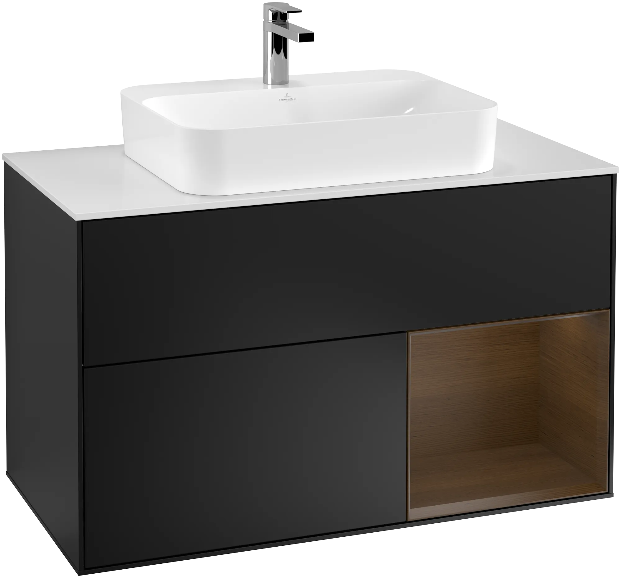 Bild von VILLEROY BOCH Finion Waschbeckenunterschrank, mit Beleuchtung, 2 Auszüge, 1000 x 603 x 501 mm, Black Matt Lacquer / Walnut Veneer / Glass White Matt #G371GNPD