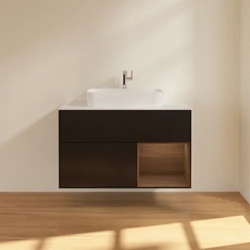 Bild von VILLEROY BOCH Finion Waschbeckenunterschrank, mit Beleuchtung, 2 Auszüge, 1000 x 603 x 501 mm, Black Matt Lacquer / Walnut Veneer / Glass White Matt #G371GNPD