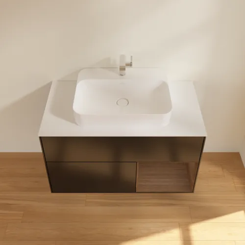 Bild von VILLEROY BOCH Finion Waschbeckenunterschrank, mit Beleuchtung, 2 Auszüge, 1000 x 603 x 501 mm, Black Matt Lacquer / Walnut Veneer / Glass White Matt #G371GNPD