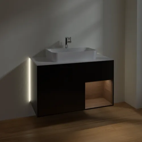 Bild von VILLEROY BOCH Finion Waschbeckenunterschrank, mit Beleuchtung, 2 Auszüge, 1000 x 603 x 501 mm, Black Matt Lacquer / Walnut Veneer / Glass White Matt #G371GNPD