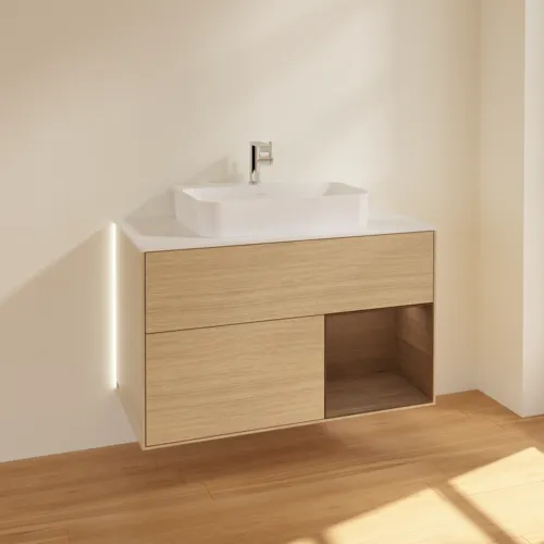 Bild von VILLEROY BOCH Finion Waschbeckenunterschrank, mit Beleuchtung, 2 Auszüge, 1000 x 603 x 501 mm, Oak Veneer / Walnut Veneer / Glass White Matt #G371GNPC